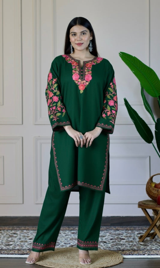 Bottle Green Kashmiri Aari Woollen Co-ord Set - Blush Bloom