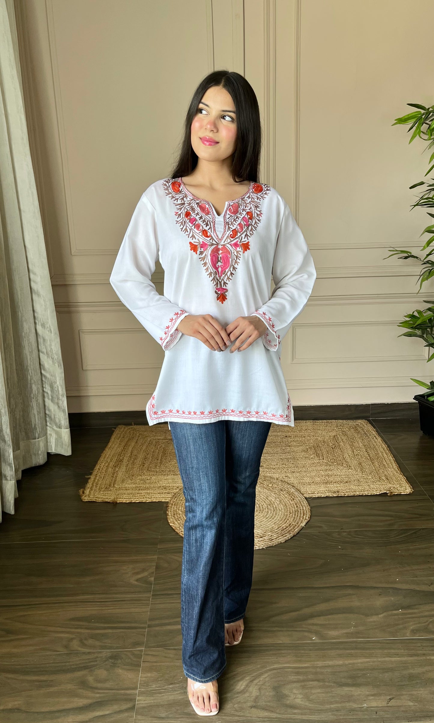 Multicolor Aari Embroidered White Short Kurti