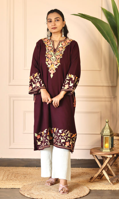 Wine Aari Embroidered Fine Cashmilon Pheran