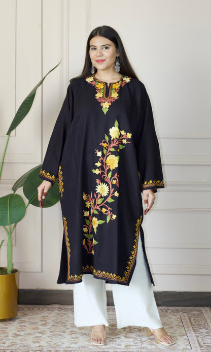 Saffron Glow Aari Embroidered Black Fine Cashmilon Pheran