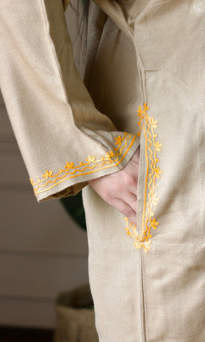 Beige Marigold Aari Embroidered Fine Cashmilon Pheran