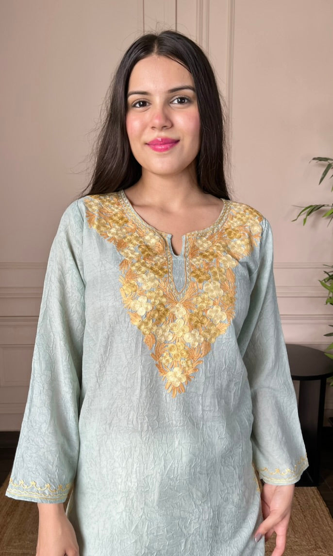 Light sea green Aari Embroidered Crushed Cotton Kurti