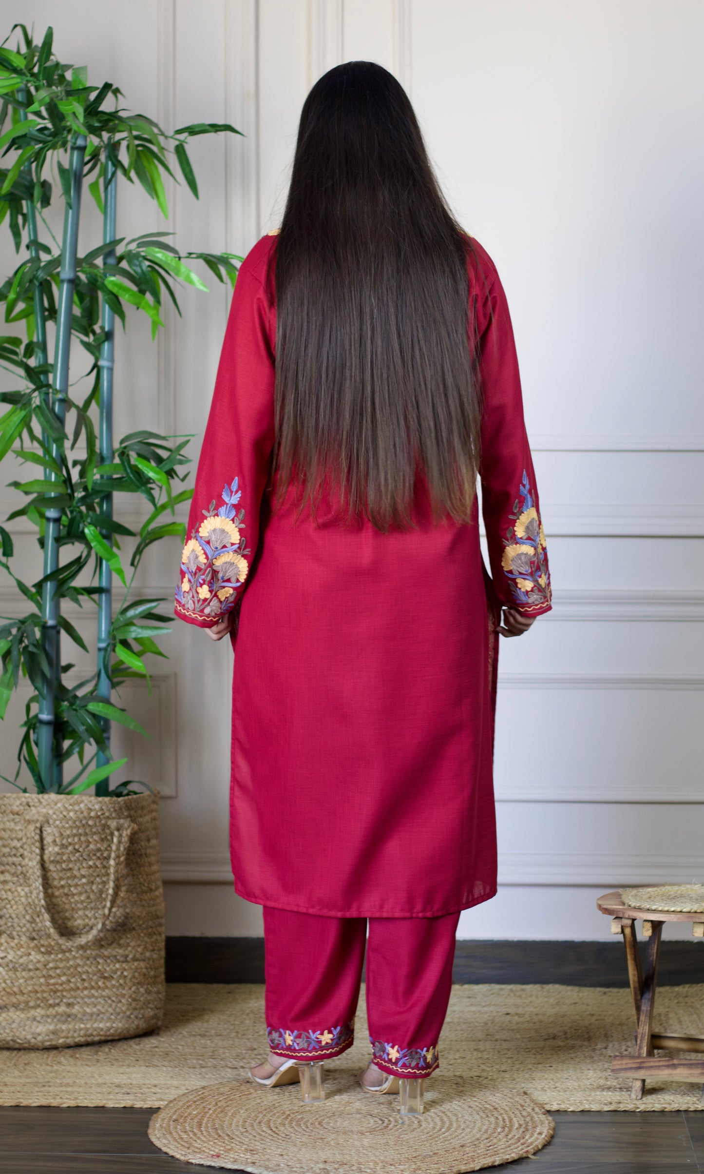 Maroon Aari Embroidered Cotton Co-ord Set