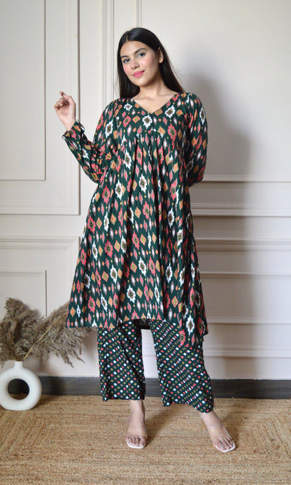 Bottle Green Printed Flared Kurta with Pants