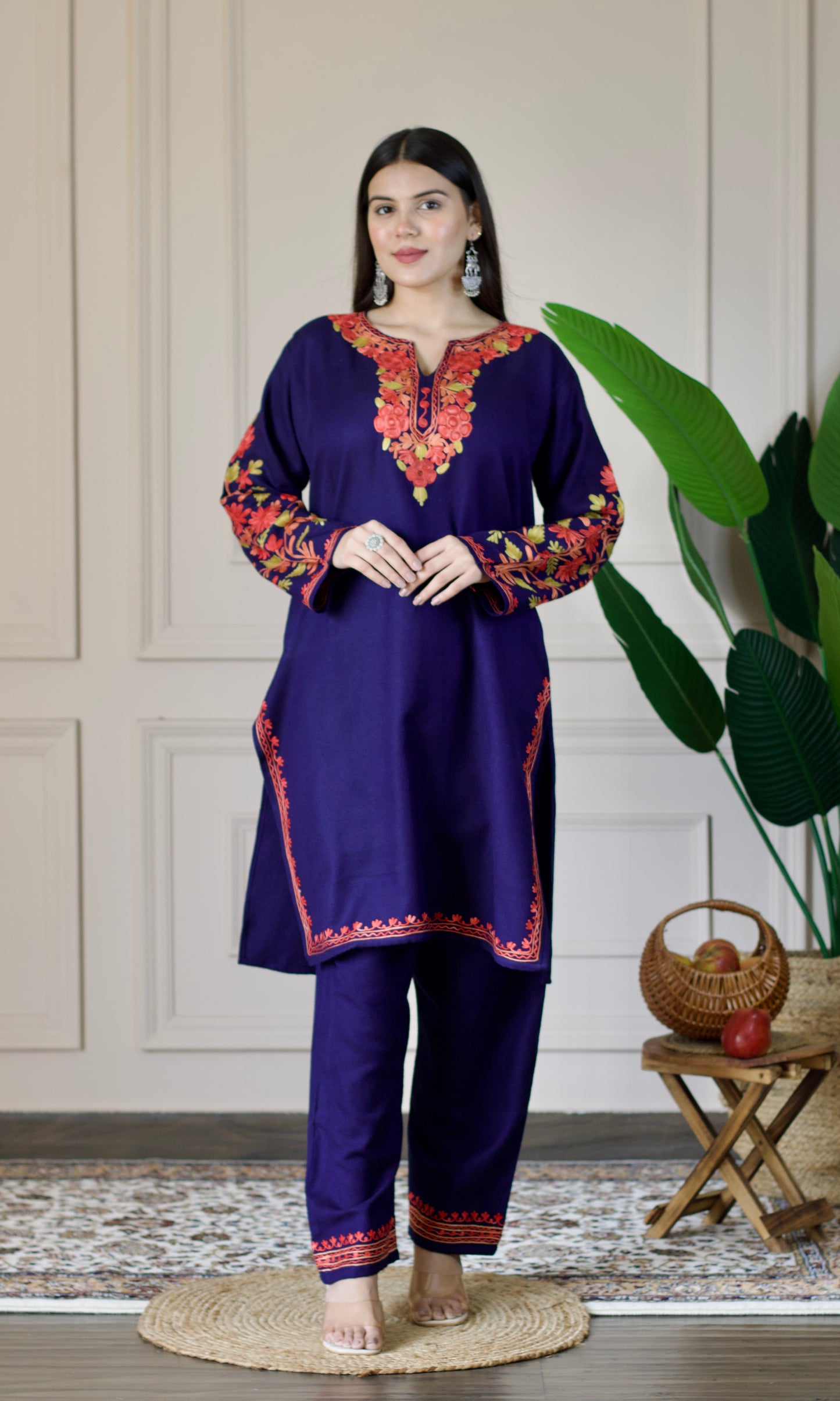 Navy Blue Kashmiri Aari Woollen Co-ord Set - Scarlet Charm