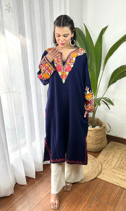 Navy Blue Bliss with Pink Aari Embroidered Fine Cashmilon Pheran