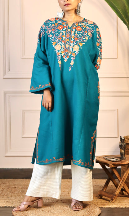 Deep Sea Aari Embroidered Fine Cashmilon Pheran