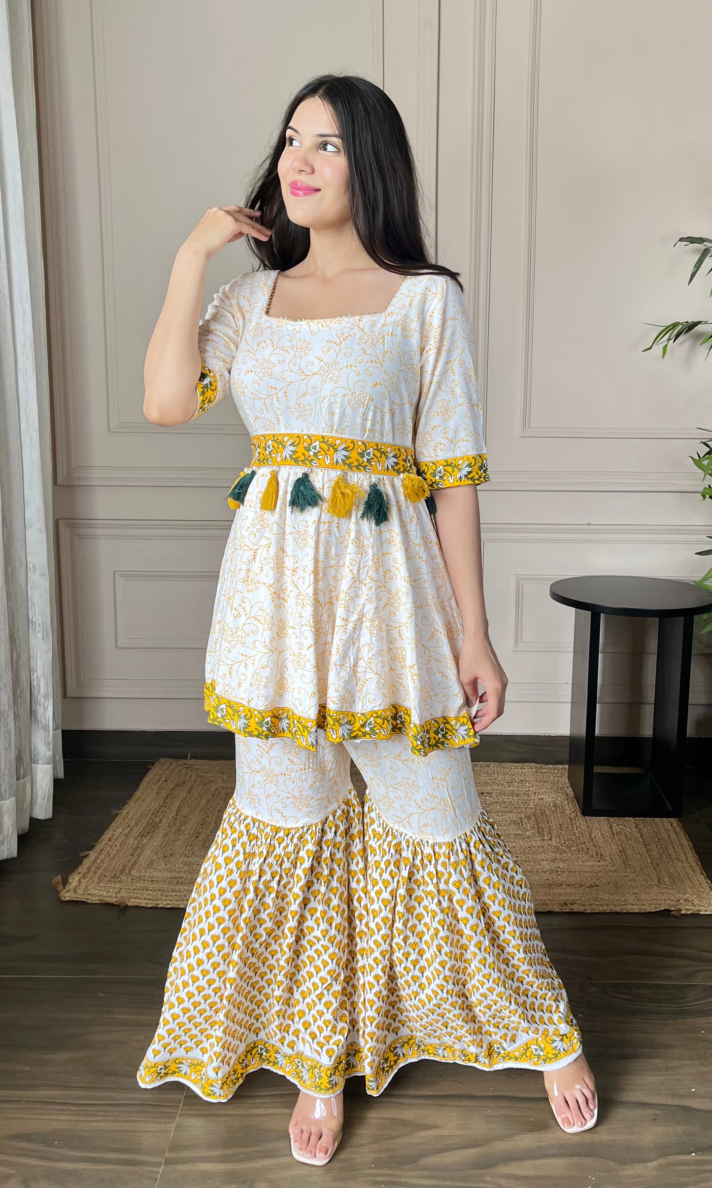 Yellow Printed Cotton Sharara Set With Belt