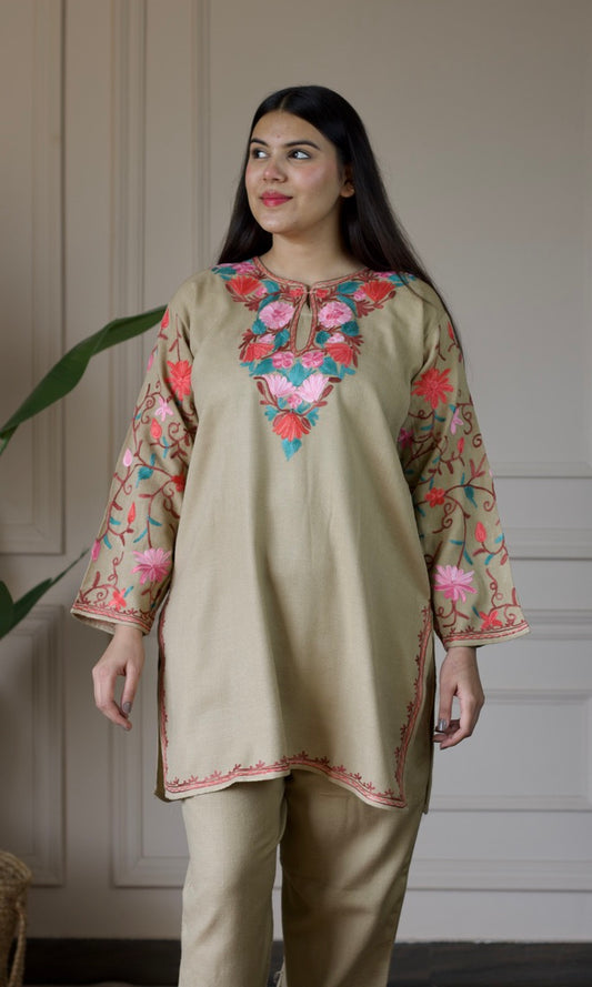Beige Kashmiri Aari Woollen Co-ord Set – Blush Bloom