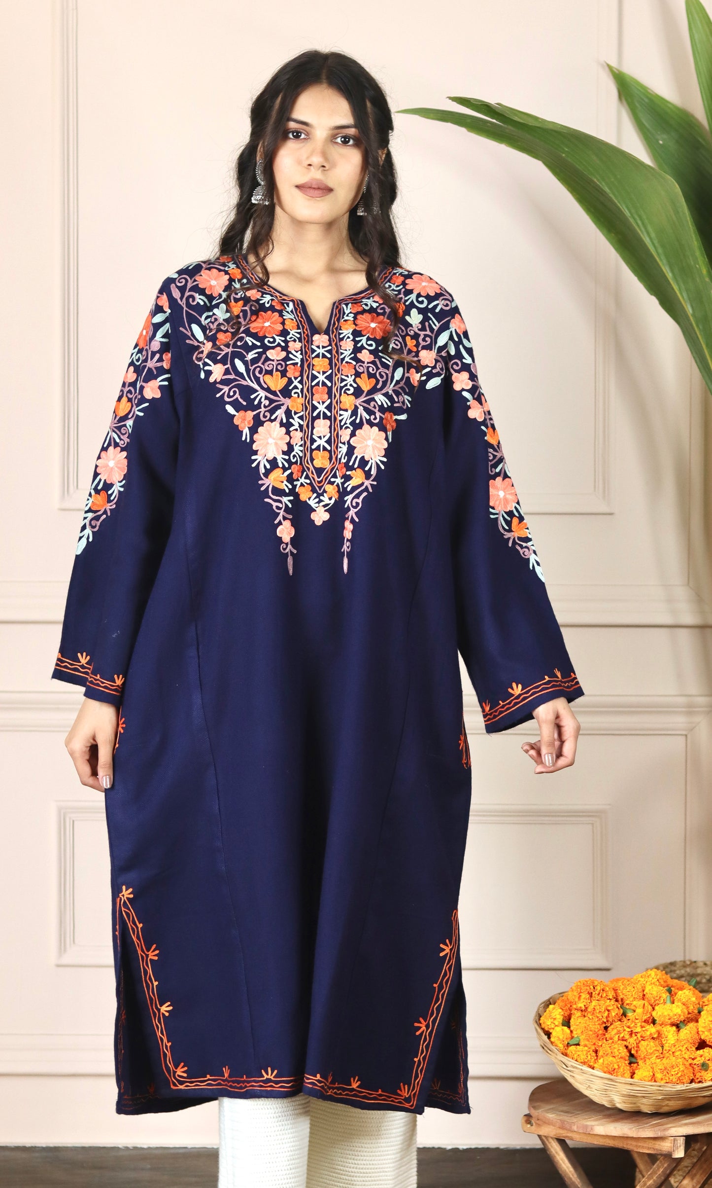 Navy Blue Aari Embroidered Fine Cashmilon Pheran