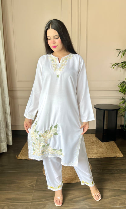 Basic White Aari Embroidered Cotton Co-ord Set