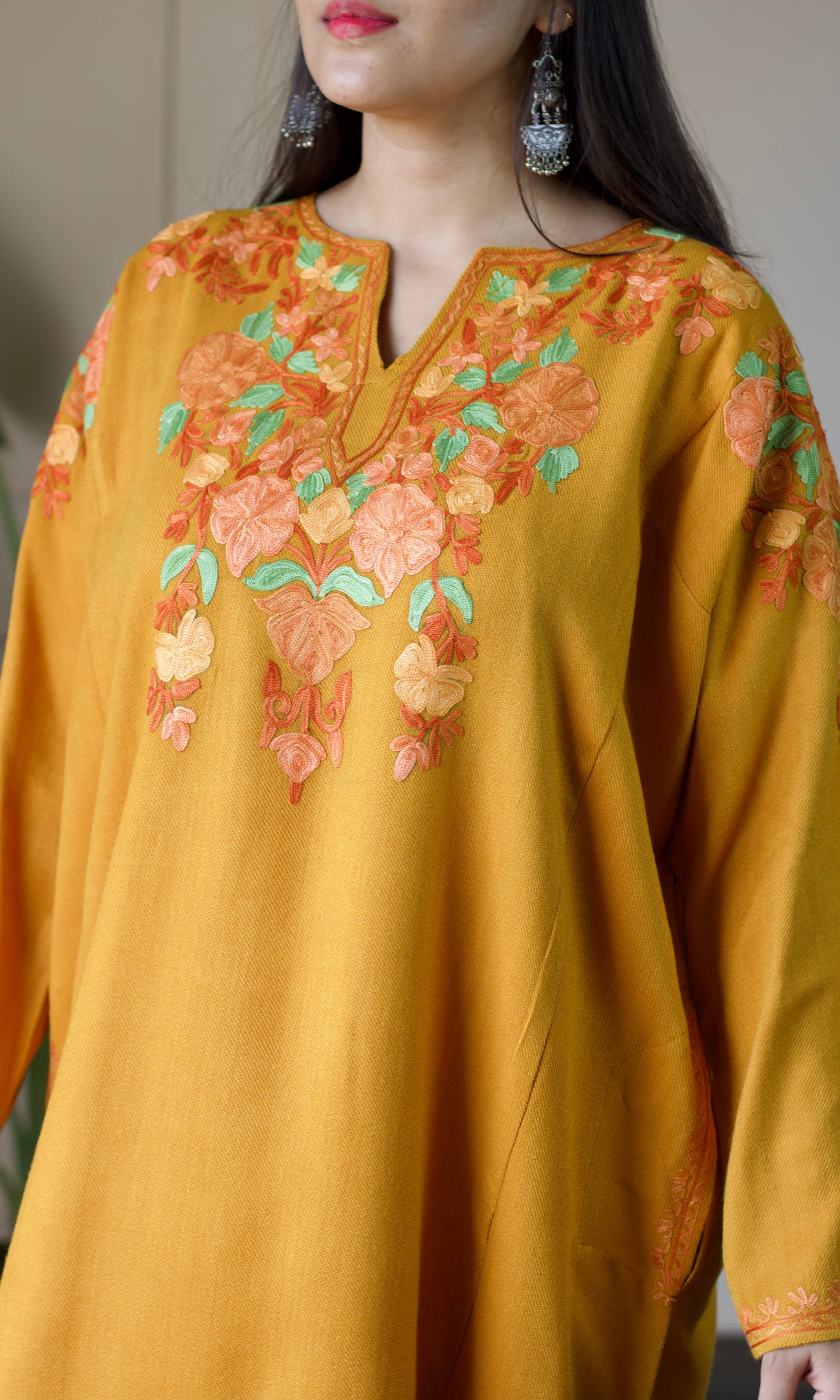 Saffron Bloom Aari Embroidered Mustard Fine Cashmilon Pheran