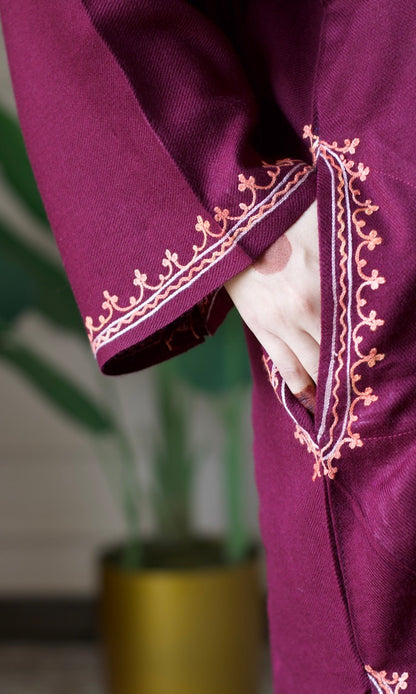 Floral Wine Aari Embroidered Fine Cashmilon Pheran