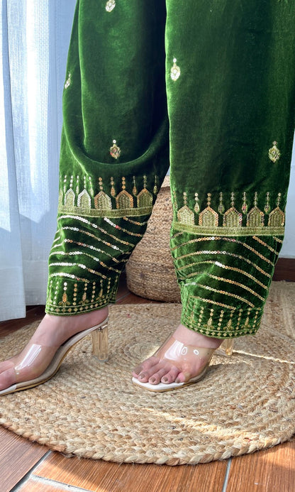 Mehendi Green Velvet Suit with Flowing Dupatta