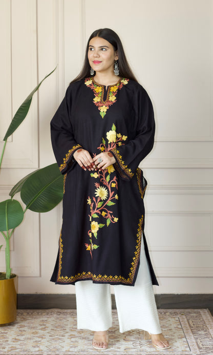 Saffron Glow Aari Embroidered Black Fine Cashmilon Pheran