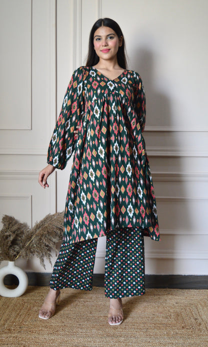 Bottle Green Printed Flared Kurta with Pants