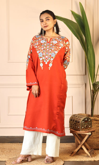 Crimson Red Aari Embroidered Fine Cashmilon Pheran