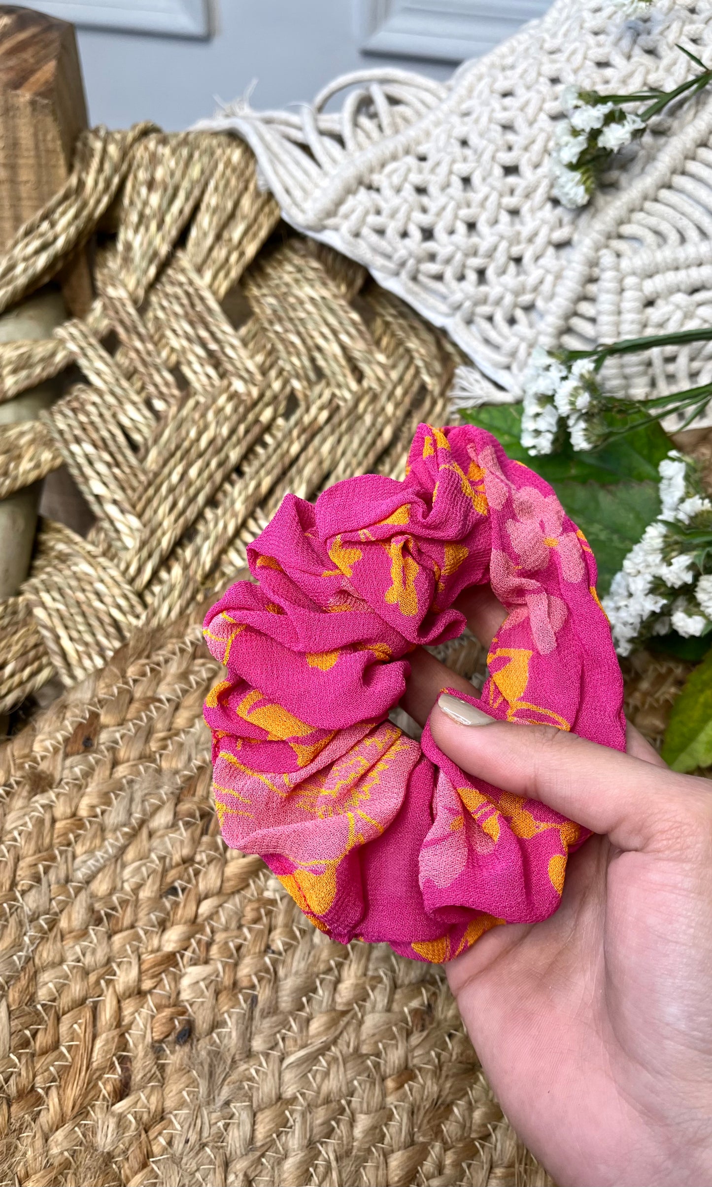 Pink Floral Scrunchie