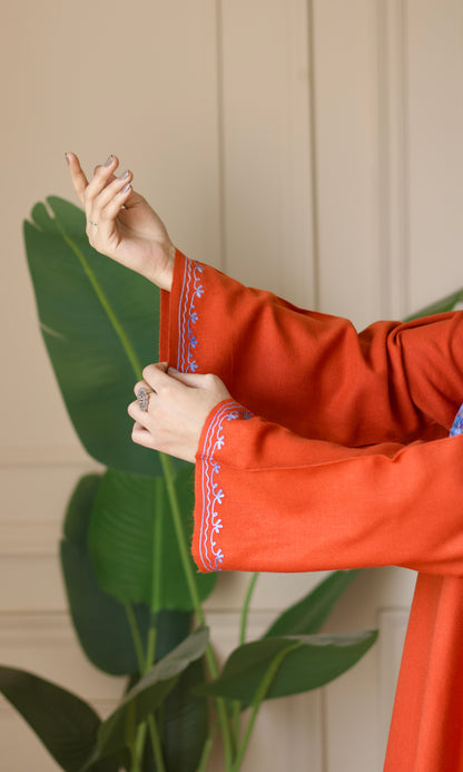 Red Blue Bliss Aari Embroidered Fine Cashmilon Pheran