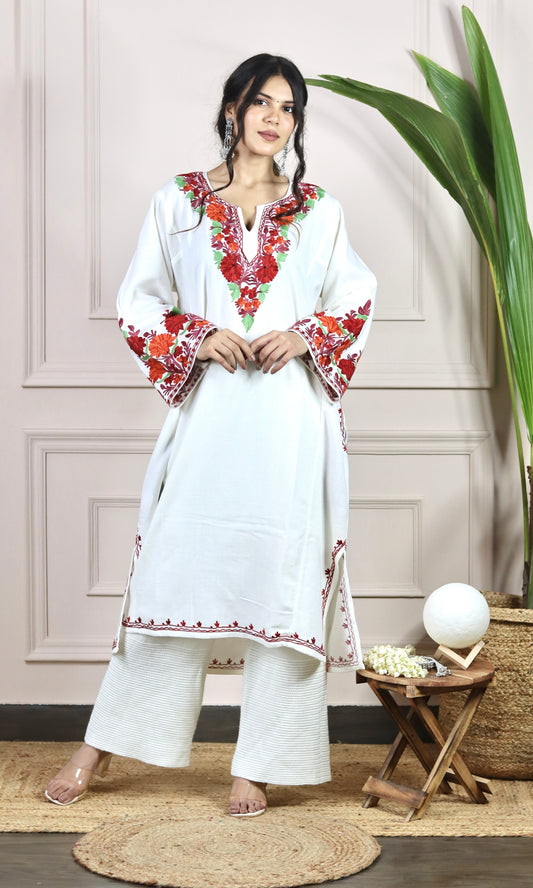 Crimson Bloom White Aari Embroidered Fine Cashmilon Pheran