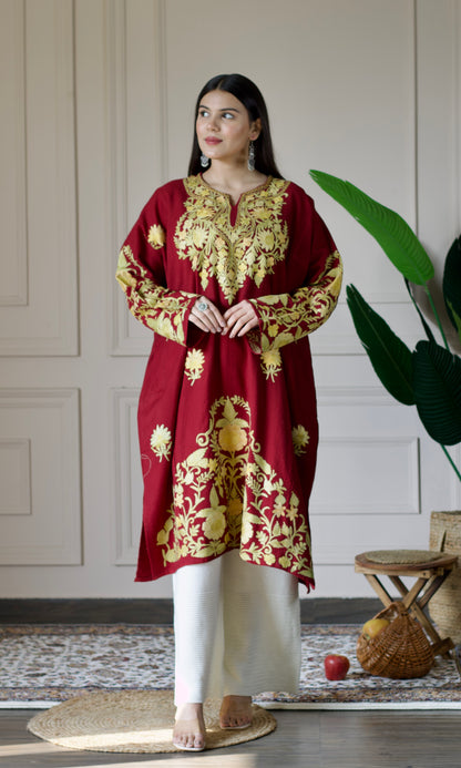 Maroon Aari Embroidered Wool Pheran