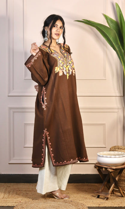 Chocolate Brown Aari Embroidered Fine Cashmilon Pheran