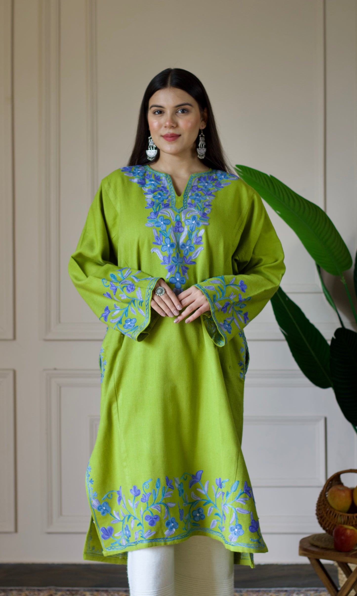 Lime Bloom Blue Aari Embroidered Fine Cashmilon Pheran