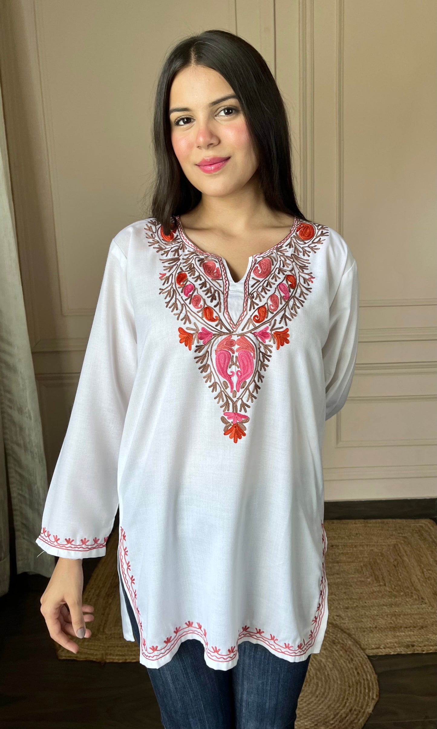 Multicolor Aari Embroidered White Short Kurti