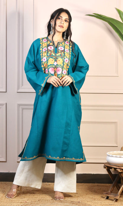 Sea Green Aari Embroidered Fine Cashmilon Pheran