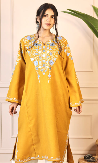 Yellow Aari Embroidered Fine Cashmilon Pheran