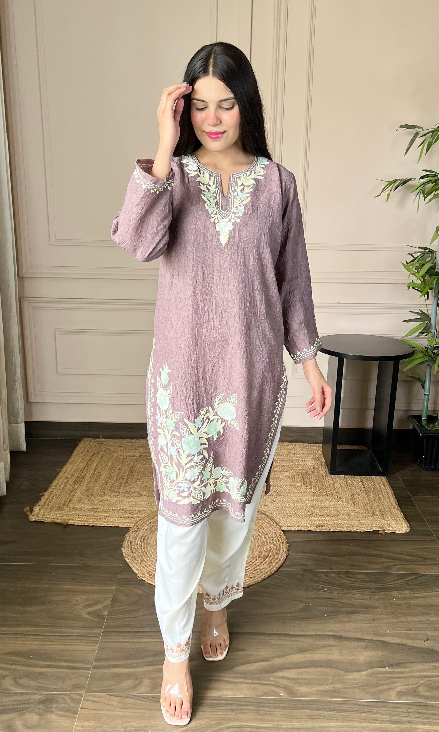 Mauve Aari Embroidered Crushed Cotton Kurti