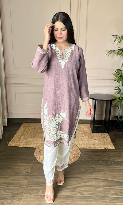 Mauve Aari Embroidered Crushed Cotton Kurti