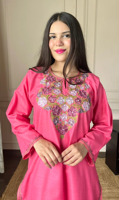 Hot Pink Aari Embroidered Cotton Co-ord Set