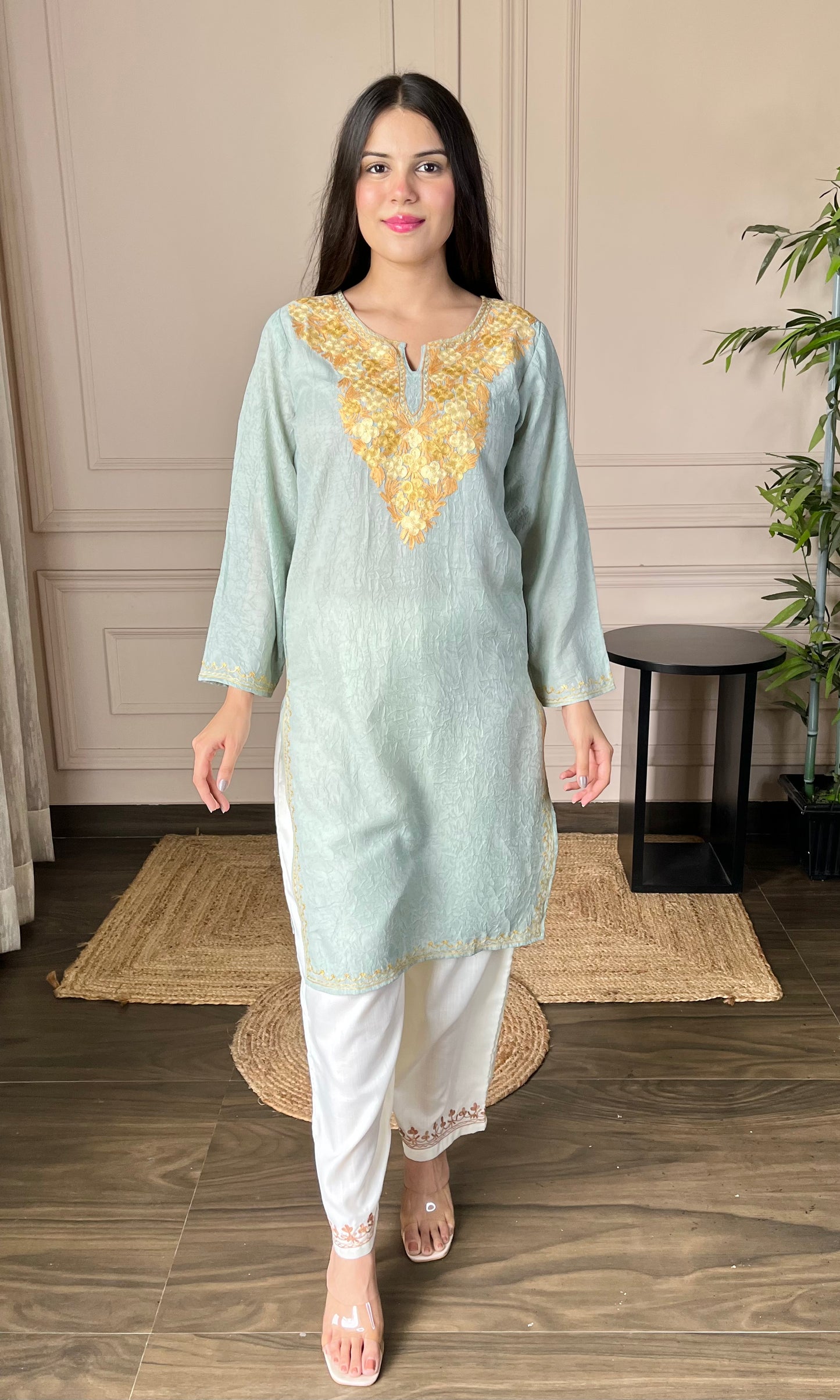 Light sea green Aari Embroidered Crushed Cotton Kurti