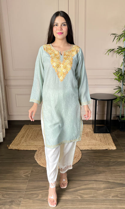 Light sea green Aari Embroidered Crushed Cotton Kurti