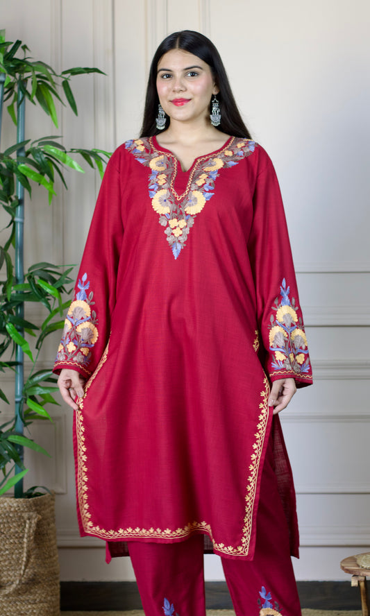 Maroon Aari Embroidered Cotton Co-ord Set