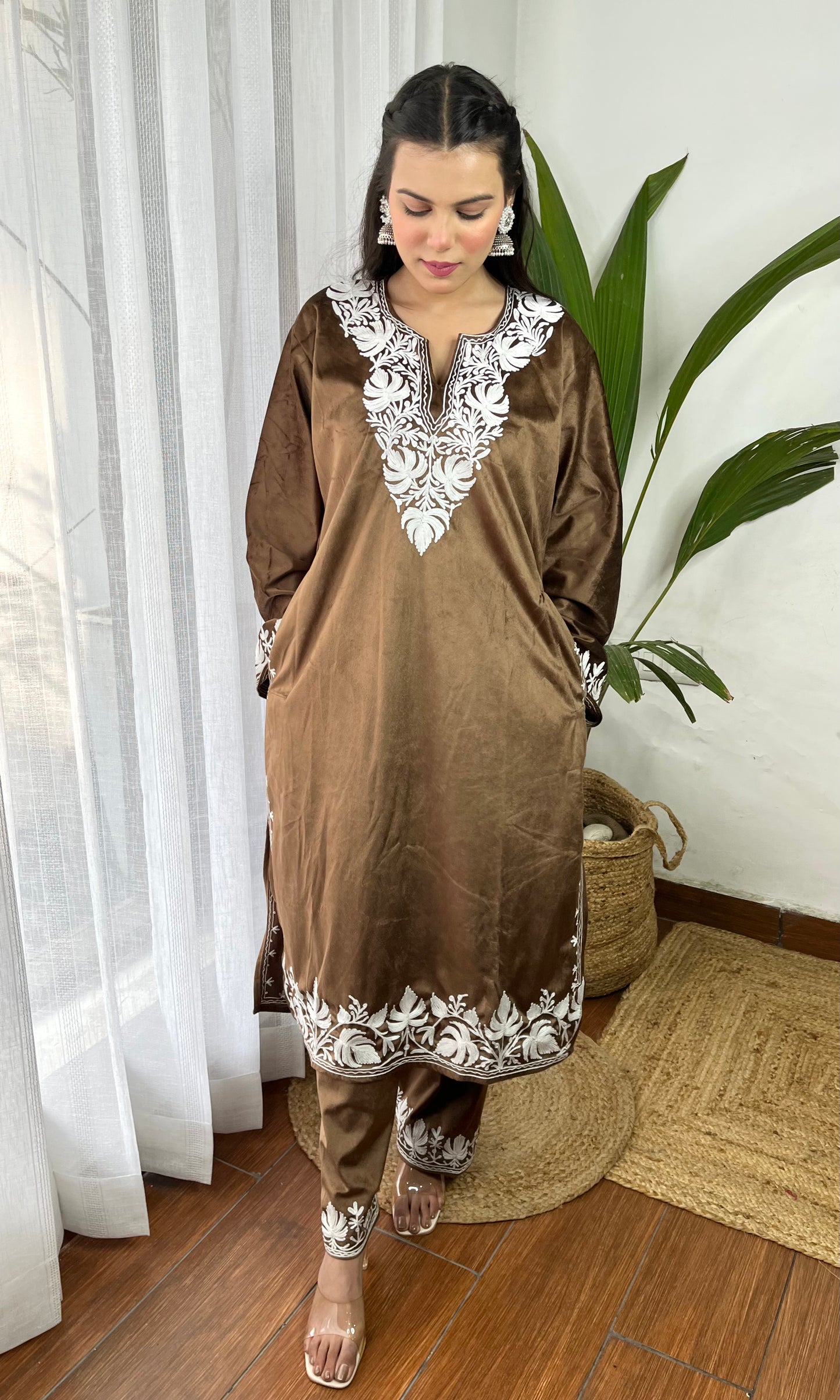 Brown Aari Embroidered Kashmiri Velvet Suit