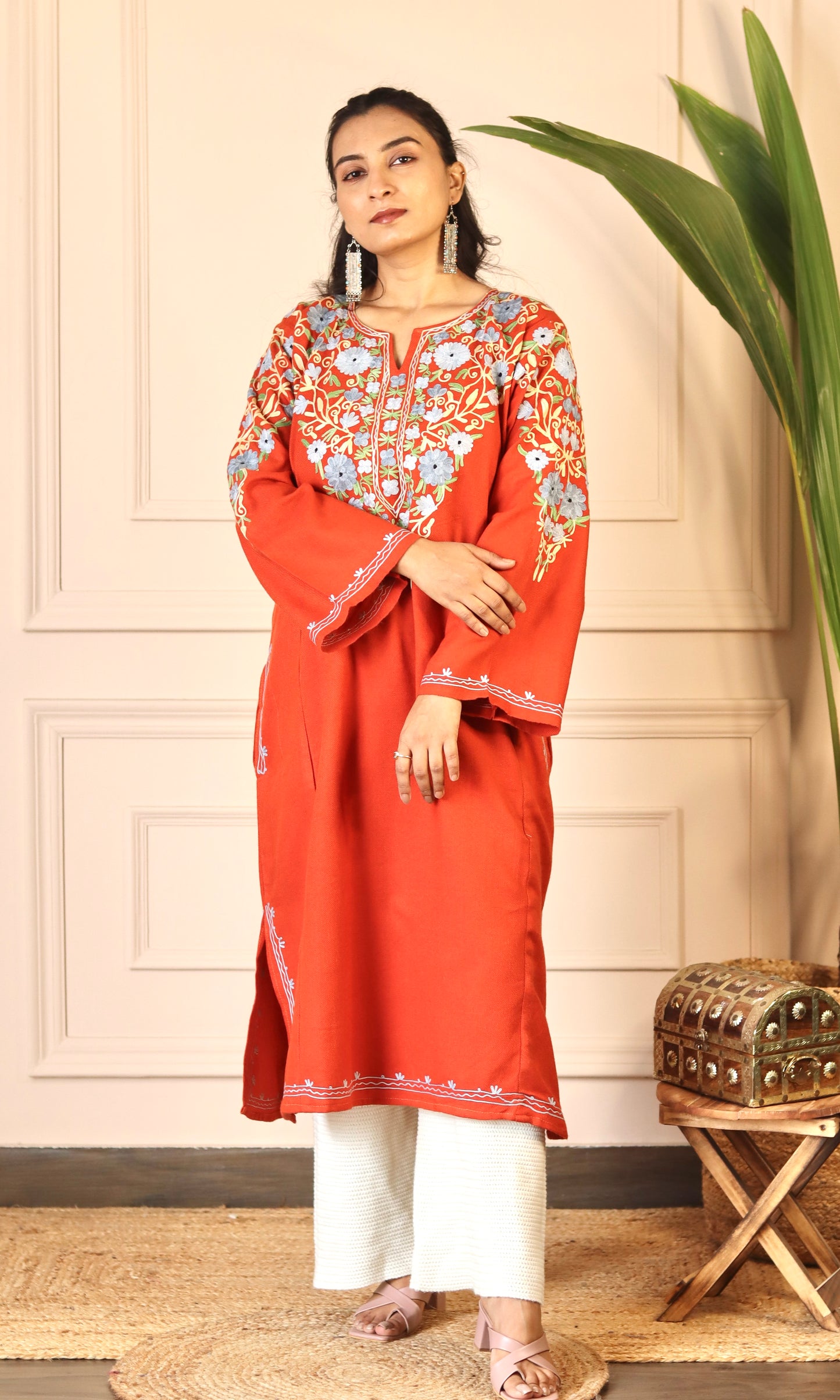 Crimson Red Aari Embroidered Fine Cashmilon Pheran