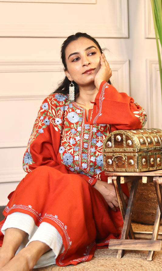 Crimson Red Aari Embroidered Fine Cashmilon Pheran