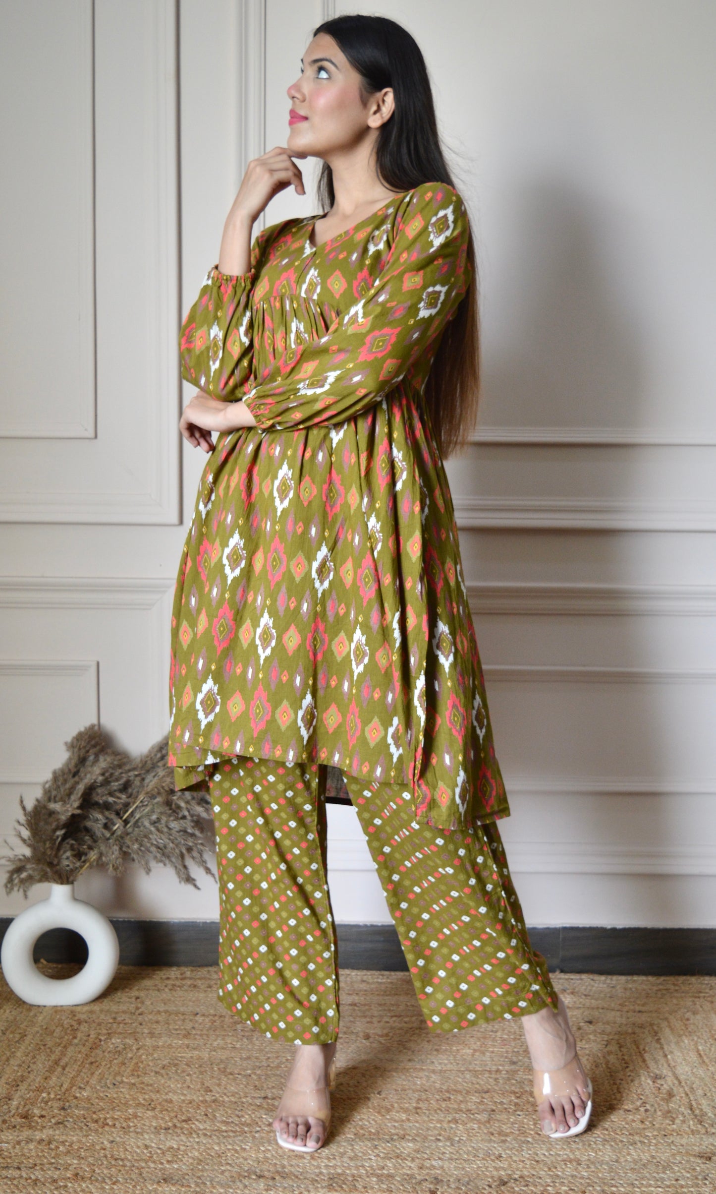 Olive Green Printed Flared Kurta with Pants