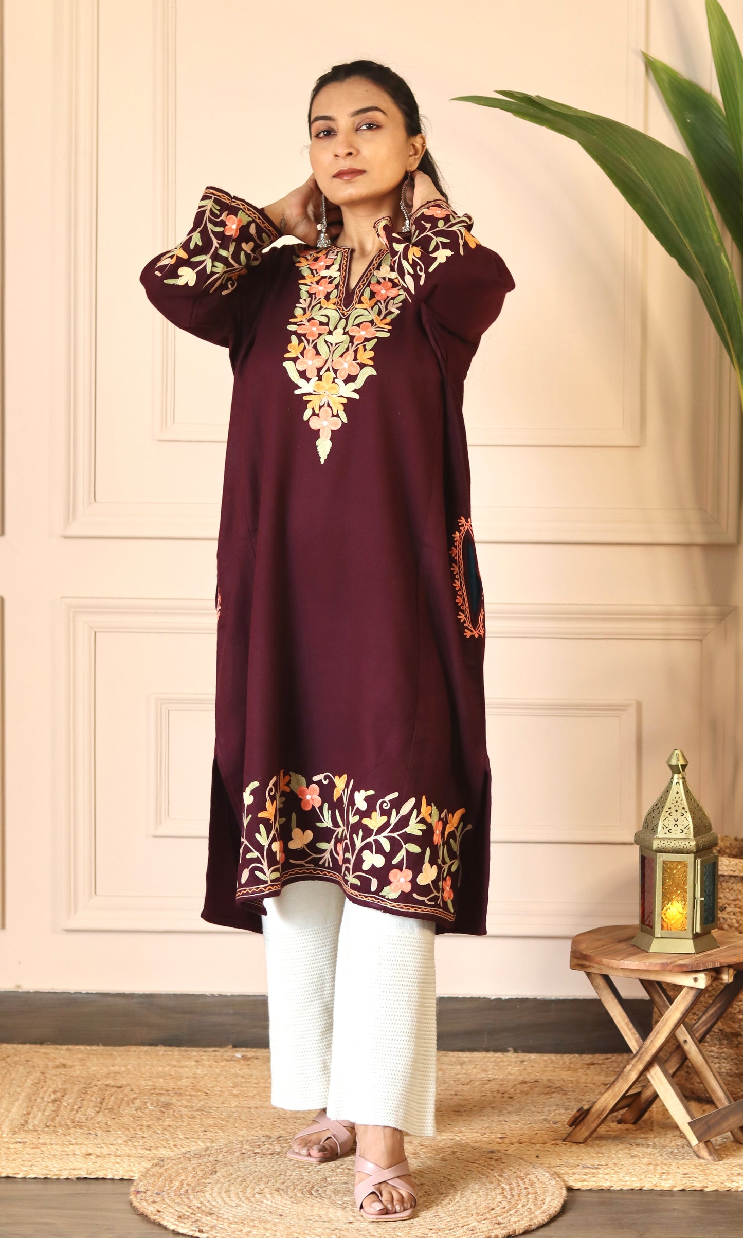 Wine Aari Embroidered Fine Cashmilon Pheran