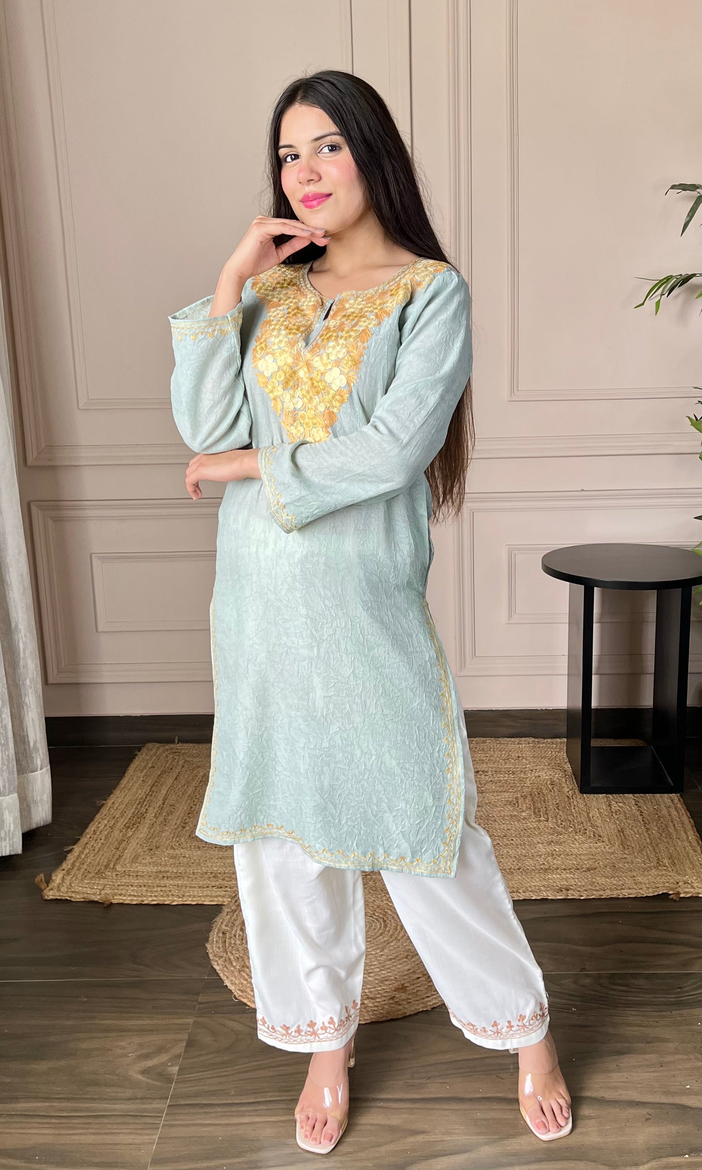 Light sea green Aari Embroidered Crushed Cotton Kurti