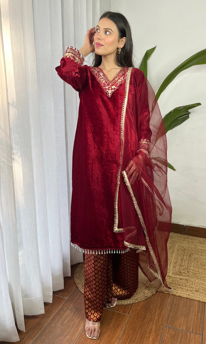 Wine Velvet Suit with Flowing Dupatta