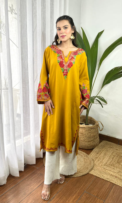 Mustard Bloom Pink Aari Embroidered Fine Cashmilon Pheran