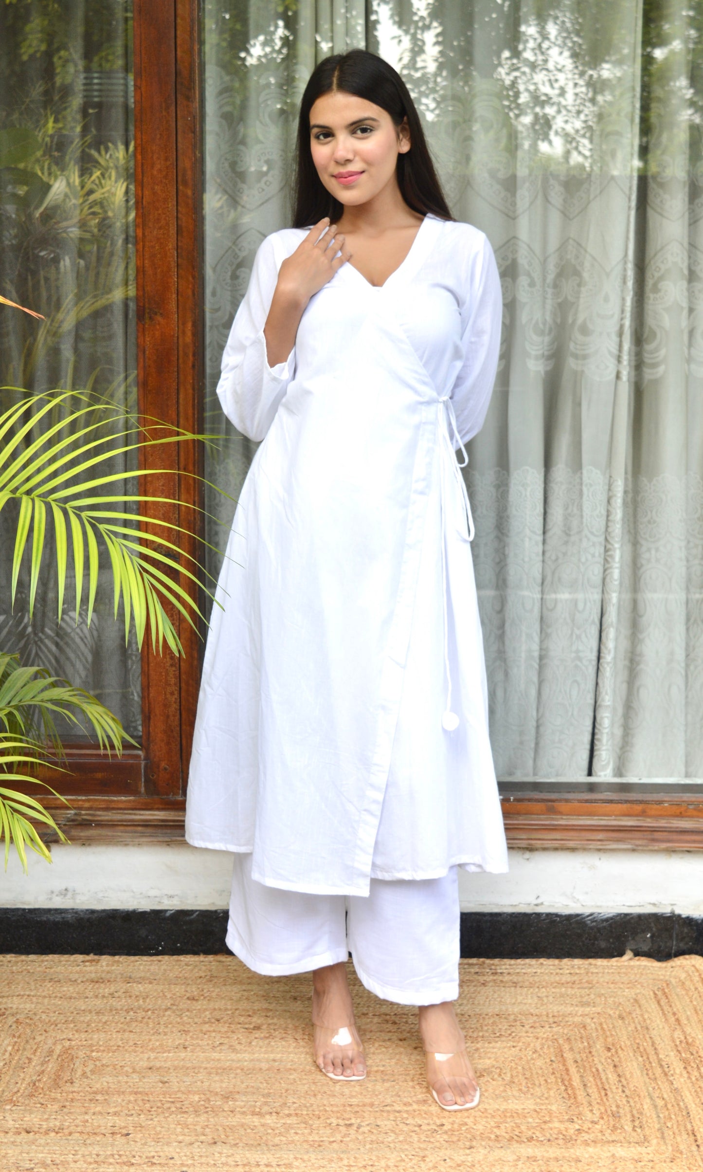 White Cotton Angrakha Kurta with Pants