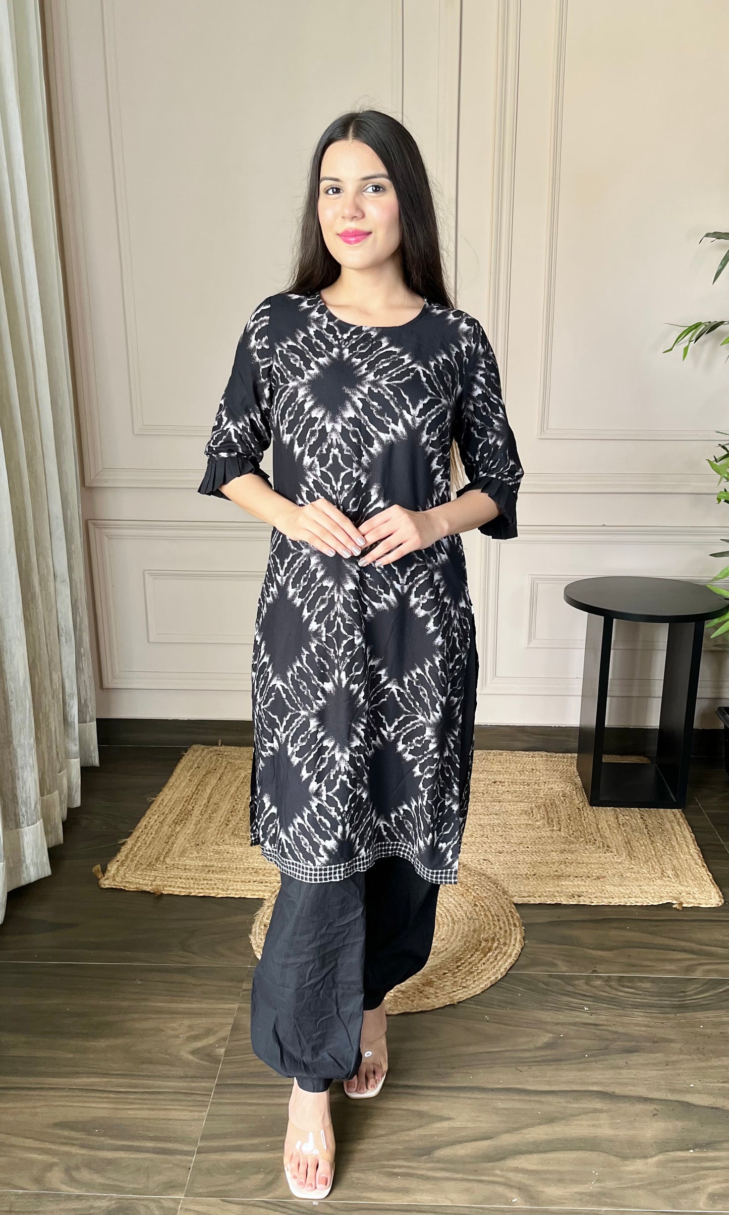 Black Printed Kurti with Afgani Salwar Set