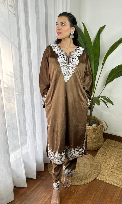 Brown Aari Embroidered Kashmiri Velvet Suit