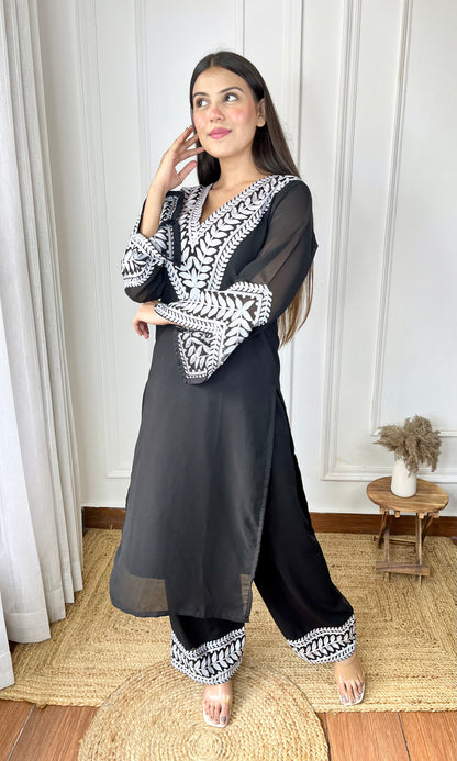 Embroidered Black Georgette Kurta-Pant & Dupatta Set