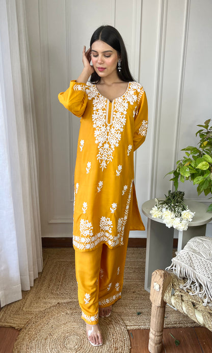 Mustard Yellow Chikankari Kurta Set