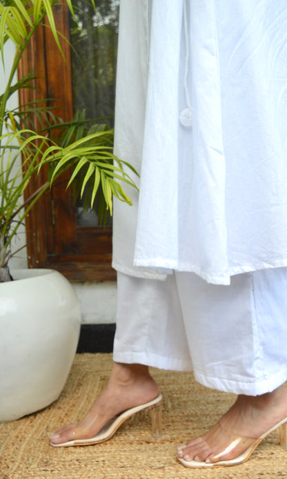 White Cotton Angrakha Kurta with Pants